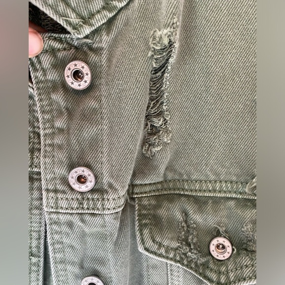 Denim Jacket Green Fringe Studs Sequins Embroidered Distressed - Picture 5 of 12